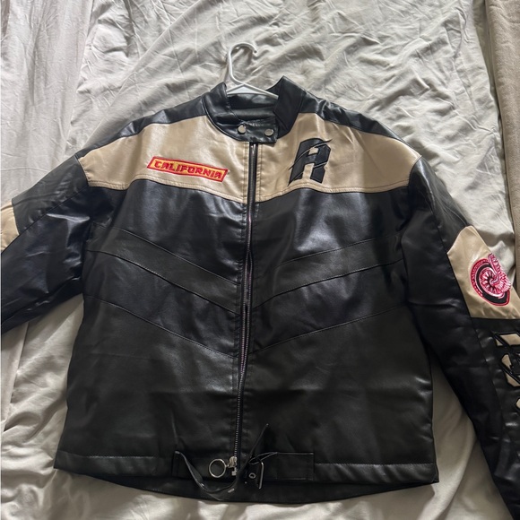 PrettyLittleThing Black and Cream Leather Jacket - Picture 1 of 3